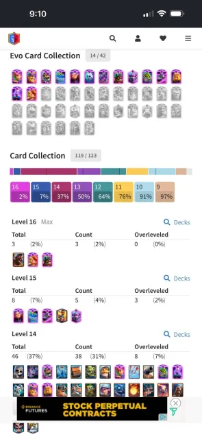 57xp | 46x lvl-14 | 14x evo |, 25 арена, 57 уровень, 10000 кубков, 122 карт, Есть