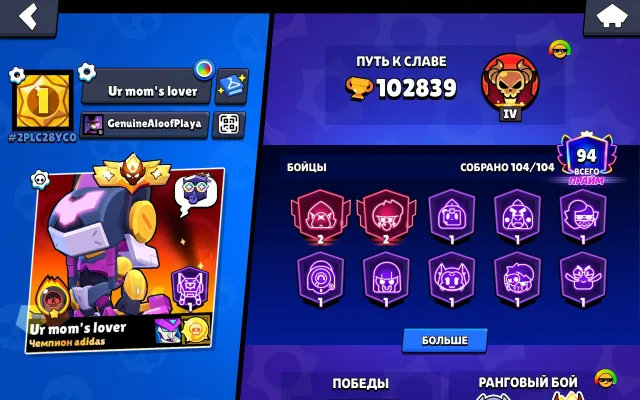 🎁103K🎁FIGHTERS 104/104🎁SKINS ~ 37K GEMS🎁93 - 11X🎁THREE MASTER 2024🎁SEA OF OLD SKINS🎁RARE PINS🎁, trophies 102839, brawlers 104, primes 94