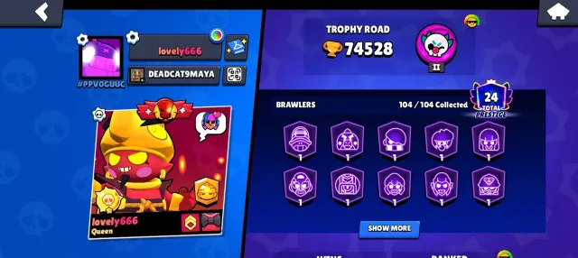 😈😈😈OFFERED PRICE😈😈😈STAR SHELLY👾PIN MATCHERINO🎃matcherino😈👿😈, 75000 trophies, 104 brawlers, 24 primes