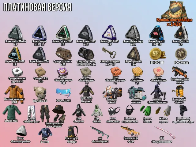 🎫1430 КУПОНОВ 📦280+СУНДУКОВ 💰80 000ВР 🔑60-80 КЛЮЧЕЙ 👕СКИНЫ, Нет BATTLEGROUNDS Plus