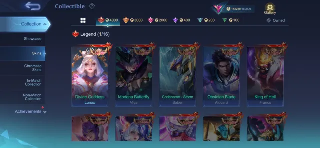 Looking to sell my personal ML Account, Price is negotiable, Sale, Rank: Mythical Immortal, Level: 60, Win rate: 57%, Heroes: 133, Skins: 405