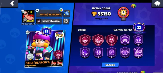 Selling Brawl Stars account, 53150 trophies, 105 brawlers, 22 primes