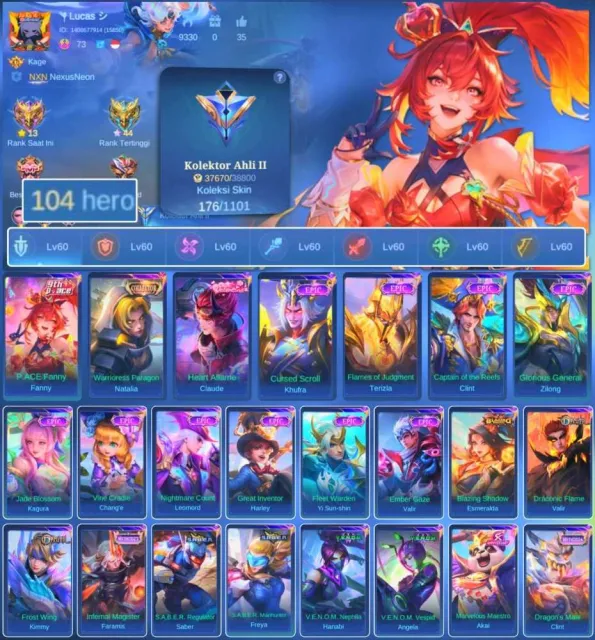 ⭐ HERO 104 ⭐ SKIN 176 ⭐, Продажа, Ранг: Мастер, Уровень: 73, Процент побед: 50%, Герои: 104, Облики: 176