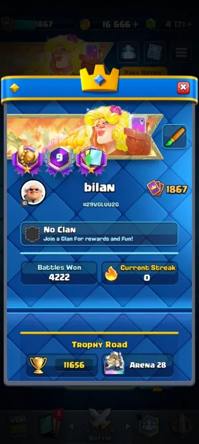 🏆11700🏆💟31 X 16 LVL💟❤️🔥29 EVO + 9 HEROES❤️🔥💟4K GEMS💟🎀90 EM + 11 SKIN🎀🏅MERGE TACTICS🏅, 28 arena, 1867 level, 11656 trophies, 122 cards, 22 leg, No