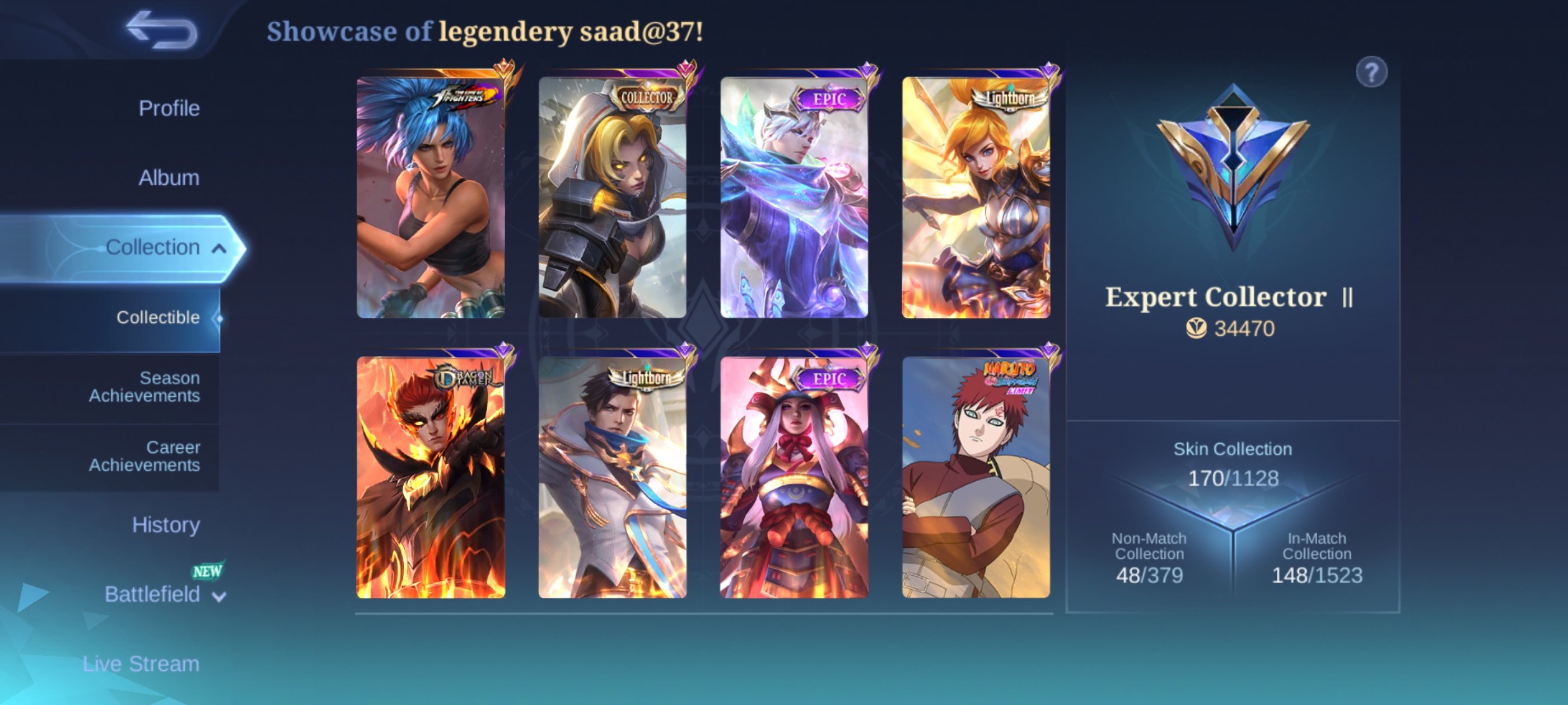 🔥34K points🔥 kof karina, collector Natalia, Sale, Rank: Mythic, Level: 102, Winrate: 55%, Heroes: 100, Skins: 170