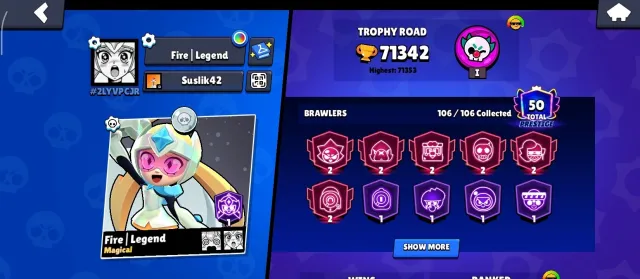 Good account for a base +-320 skins. 2020 year, 73000 trophies, 106 brawlers, 50 primes
