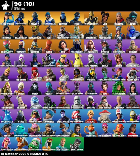 💜96 skins in the photo (very rare)💜103 dances ORANGE JUSTICE💜SQUARE UP💜Cloud Striker💜PointPatroller💜, Sale, skins 96