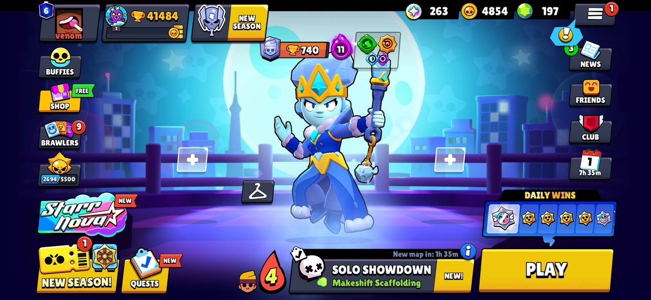 41k 🏆, 90 brawlers + Kaze, 11 leg, 23 11 strength + 19 hyper, 197 gems, 170 skins, trophies 41000, brawlers 90, primes 6