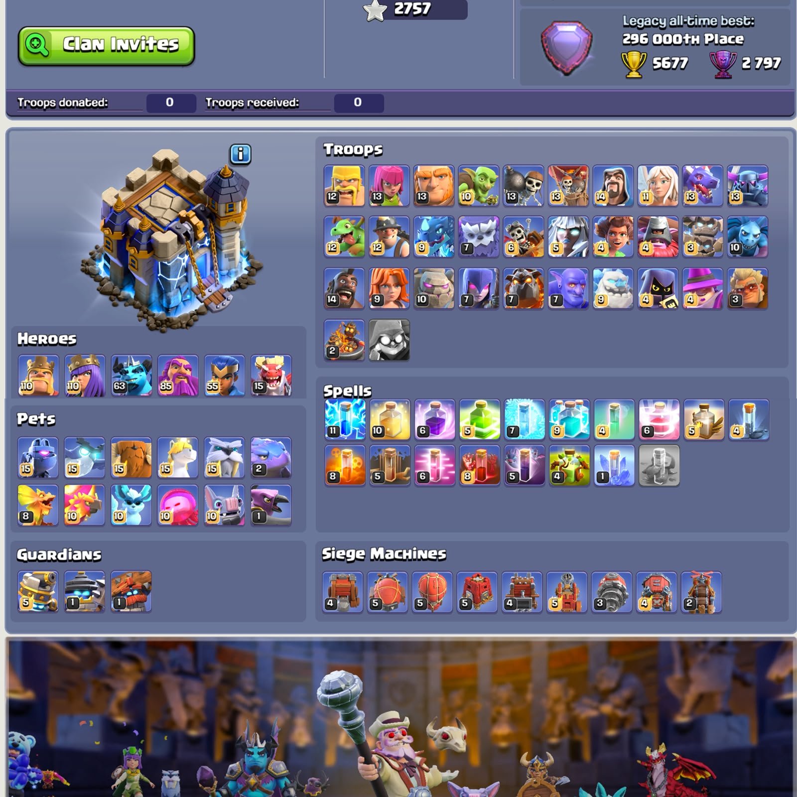 TH 18 Full Max ✦ Heroes 110-110-63-85-55-15 ✦ All 17x Epic Equipment (7x Max Almost), 18 TH Main Village, 10 TH Builder