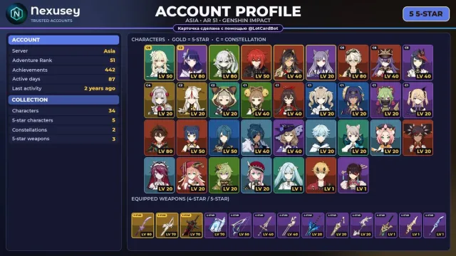 🚀 ⟦ GENSHIN ⟧ [ASIA] 5 LEG: ⚡Raiden C2 🌿Nahida 🔥Diluc 🔥Dehya ⚡Keqing ✨ #2DIXZY, Any platform, Email linked, Lumine, Levelled up, AR 51