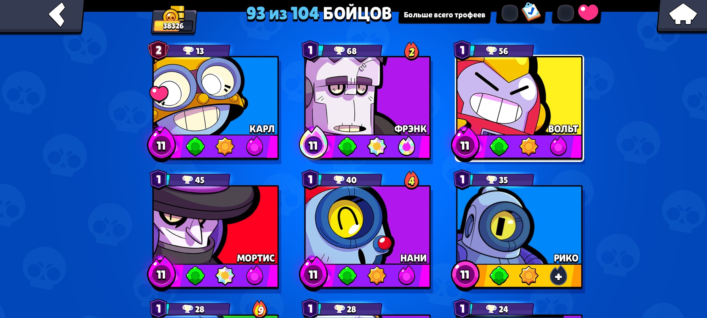 top-tier account, lots of skins and 11 powers, trophies 38326, brawlers 93, primes 16