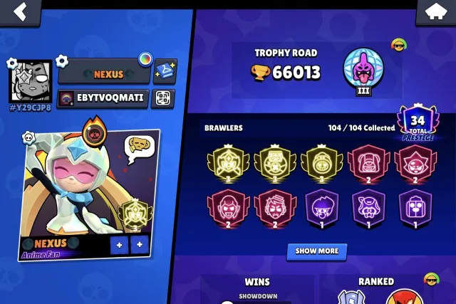 💥Meteorite 1💥2 Tier 3 Primes💥Cup pins + World Championship completed💥, trophies 66000, brawlers 104, primes 34