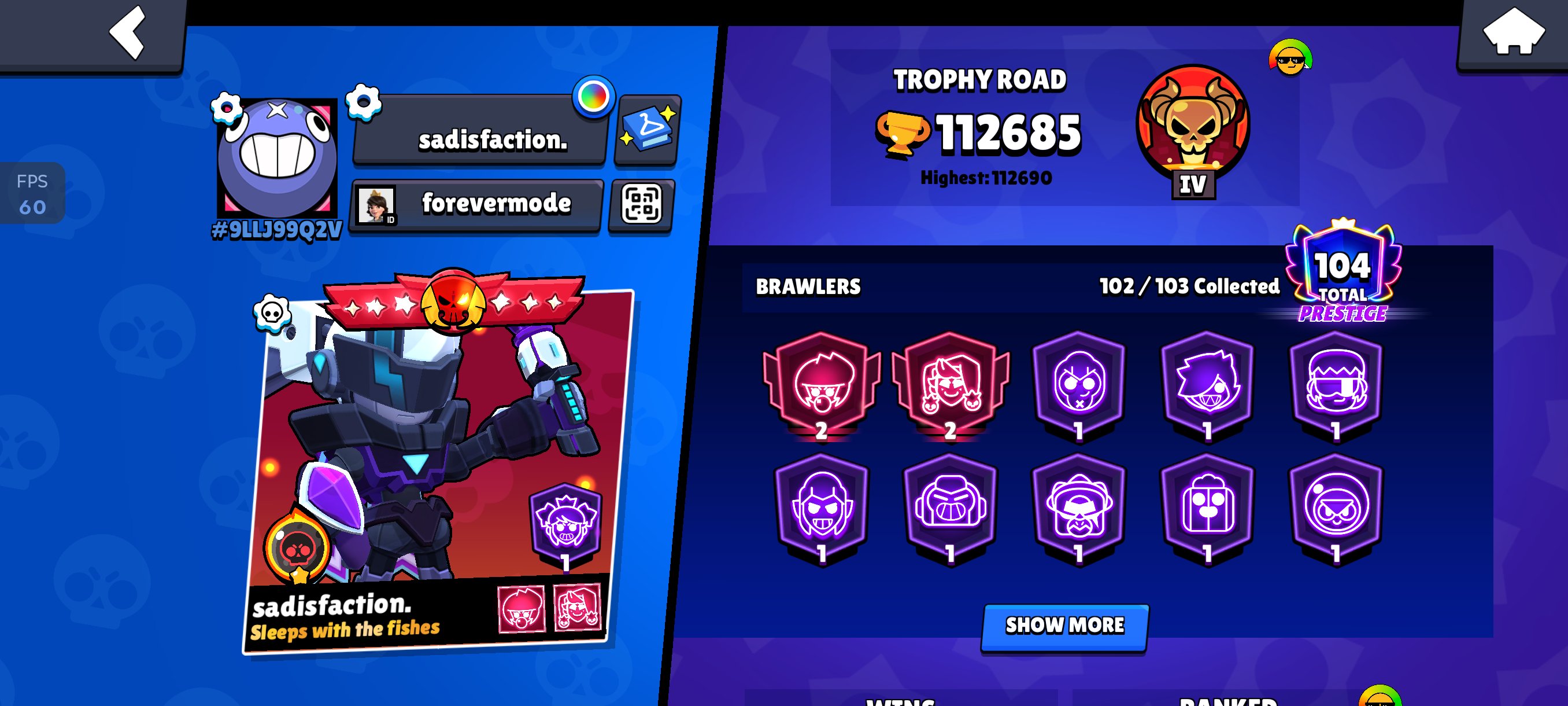 Stacked brawl stars account with loads of trophies, trophies 112000, brawlers 102, primes 104
