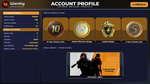 🔥 [CS2 PRIME] +4 RARE MEDALS: 10 YEARS · GO · LOYALTY · 5 YEARS — 2008 | FULL ACCESS #3X6G9N, Sale, Inventory empty, PRIME available