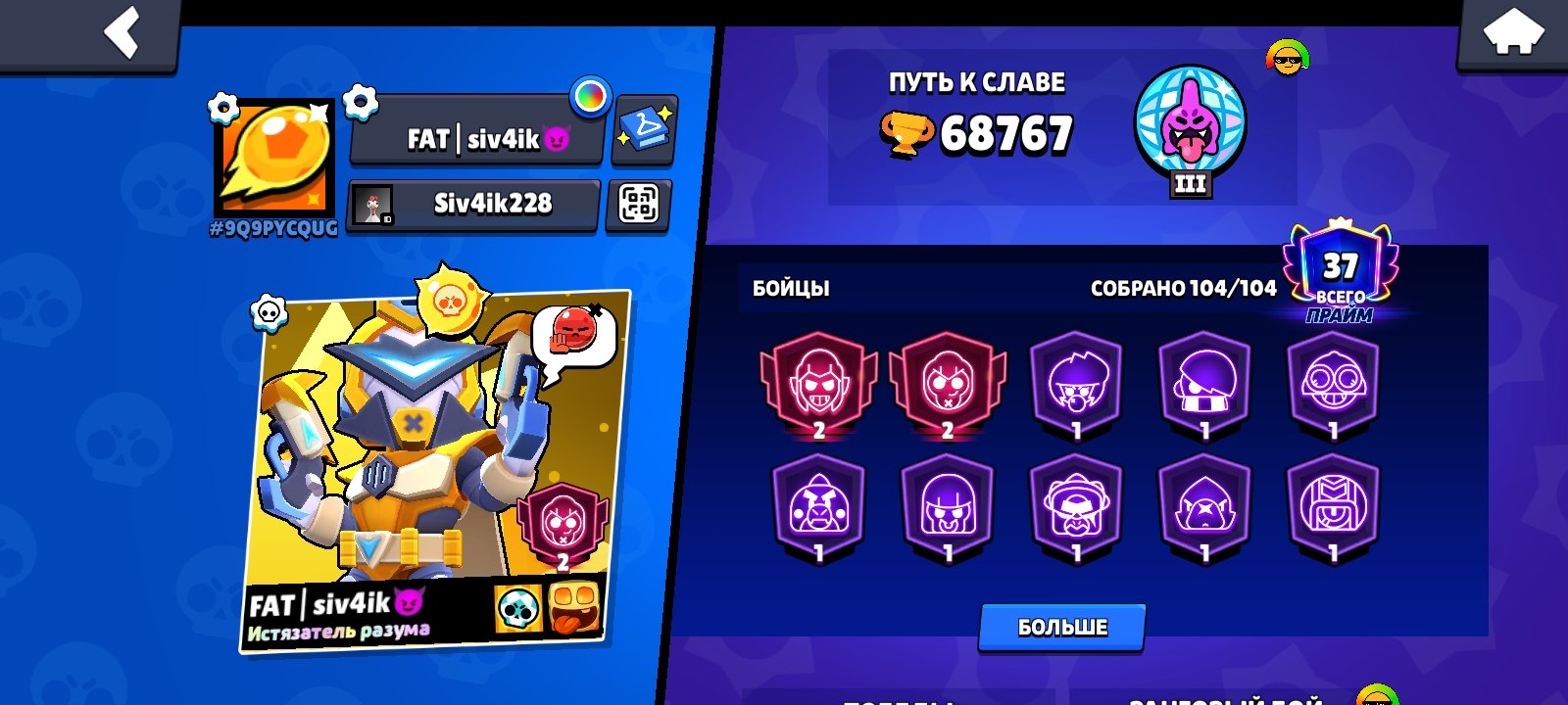 74K🏆, There is no change of email, additional protection is disabled, trophies 68767, brawlers 104, primes 37
