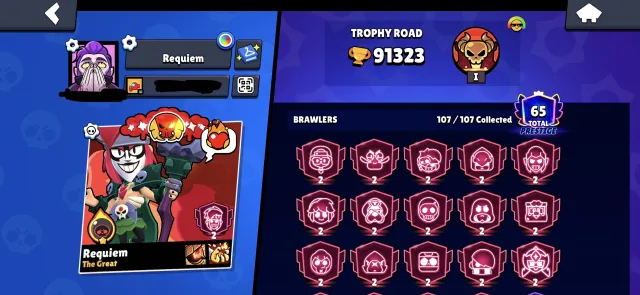 personal account for sale HEROINE BIBI, 91323 trophies, 107 brawlers, 65 primes