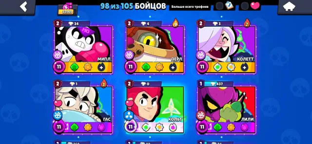 Clear account suitable for any mode and cool gameplay, 32565 trophies, 98 brawlers, 23 primes