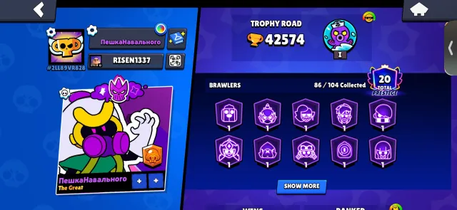 10 лег. Аккаунт 2024.TOON SPIKE, CYBER SHELLY,mecha piper,mecha finx, 42574 кубков, 86 бравлеров, 20 праймов