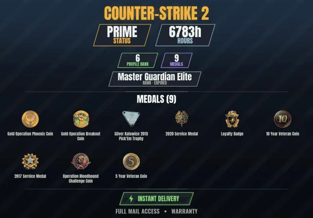 【CS2 Prime🏆1900h🎮9 medals】 Golden coin of the Breakout operation, Golden coin of the Phoenix operation, Sale, With inventory, Has PRIME