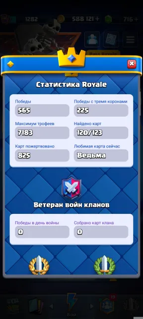 продам аккаунт|7127 кубков|19 арена| 716 гемов|120 карт з 123, 19 арена, 1282 рівень, 7127 кубків, 120 карт, Ні