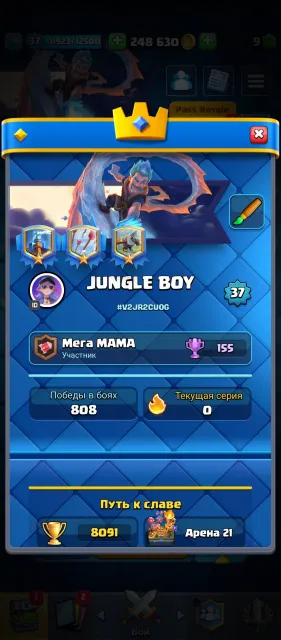 🏆 8000+ trophies 🏆 🟪 5 EVO 🟪 🪙250k coins🪙 Details in the description, 21 arena, 37 level, 8091 trophies, 121 cards, No