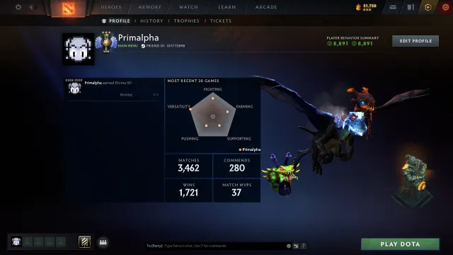 🎮 Божество 🎯 Мейнпул 🏆 79 Трофей 🕹️ Матчей: 3464 🎫 Жетонов: 38, Продажа, 5132 MMR, 8891 порядочности, 8891 вежливости, 3464 матчей, 6579 часов