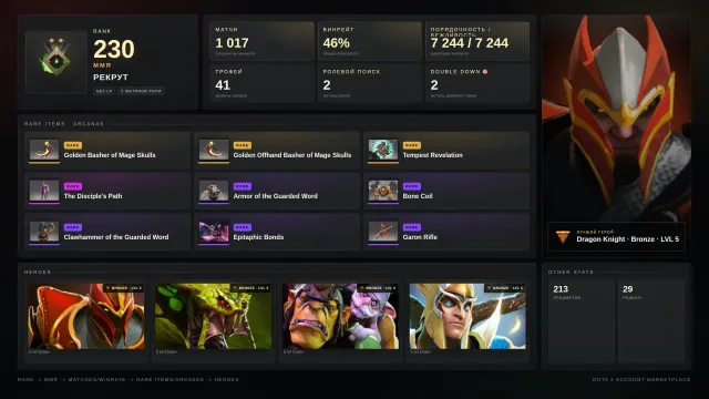 ✨Recrue 2 ≈ 230 MMR✅7244 POLITESSE✅✨skins✨⚔️41 trophée⚔️🎯2 doubles🎯2 JETONS, Vente, 230 MMR, 7244 politesse, 7244 courtoisie, 1017 matchs, 1017 heures