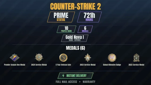 CS2 Prime💠721h💎6 medals【DOTA 2 1600+ WINS】 Service Medal 2022, Service Medal 2023, 2024, Sale, With inventory, Has PRIME