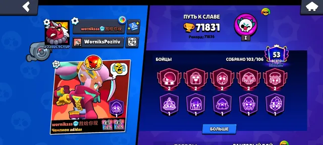 good account for its price 70k a lot of skins and good leveling, 71831 trophies, 103 brawlers, 53 primes