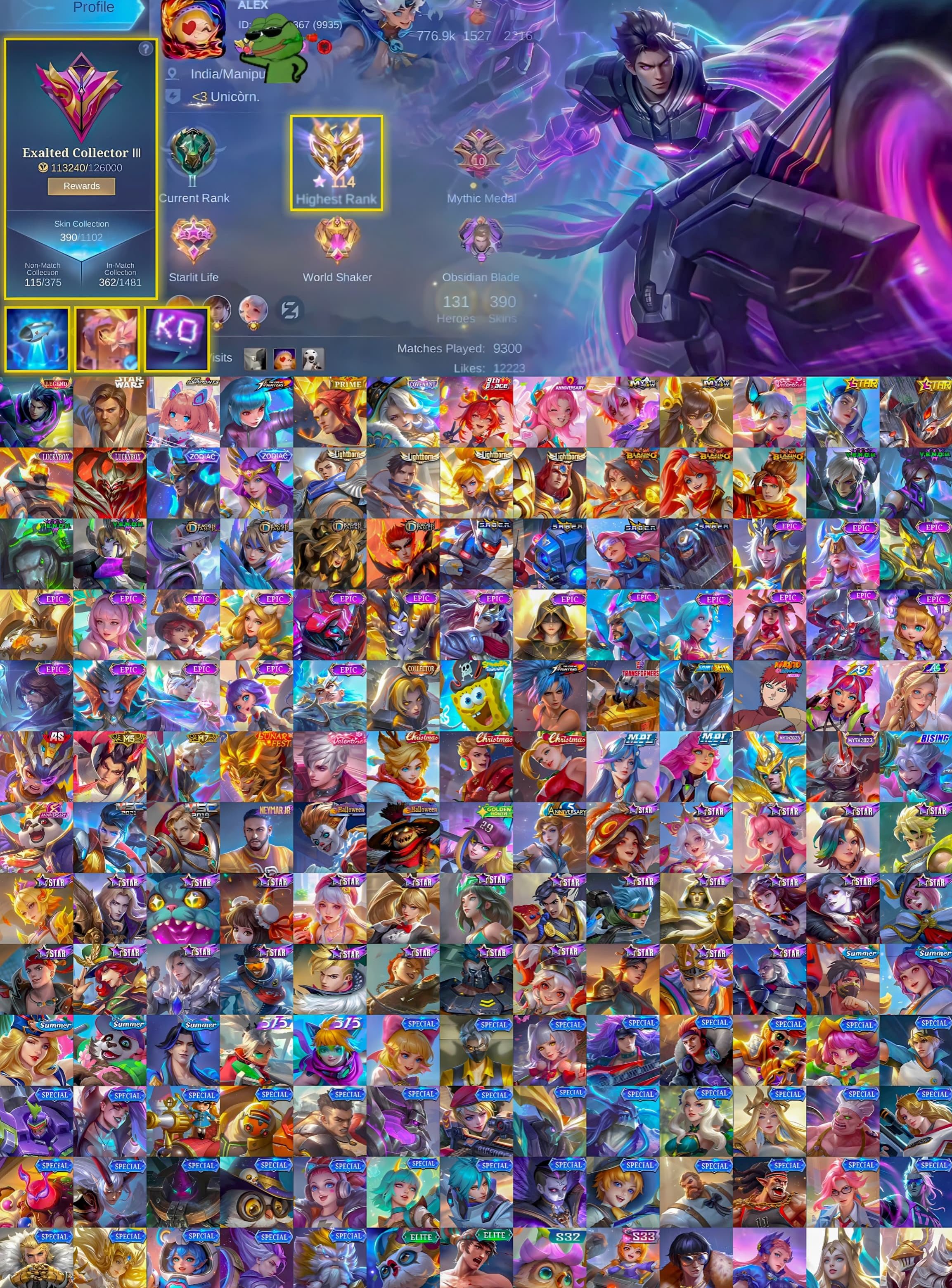 🏆 Guru 3 Acc 👑 Alucard Lgnd ⭐ Star Wars 🎯 Lesley Convinet🐉 Yu Zhong Prime 💘 Fanny Valentine  P.ace, Sale, Rank: Mythical Immortal, Level: 108, Winrate: 60%, Heroes: 131, Skins: 390
