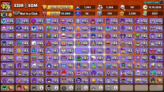 🏆112K🏆⭐️98PRIMES🟡59K Coins🟡💎143 Crystals💎✨25K BLINGS, 112415 trophies, 101 brawlers, 98 primes