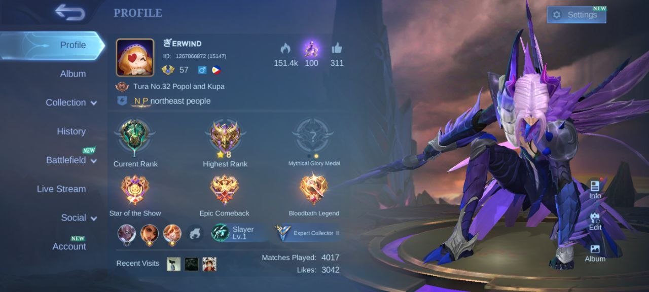 collector Natalia🌏EPIC🌺(Roger⭐FREYA⭐carmila Gaara Vale Blazing aldos)🌺emblem max, Sale, Rank: Mythic, Level: 57, Winrate: 45%, Heroes: 103, Skins: 153