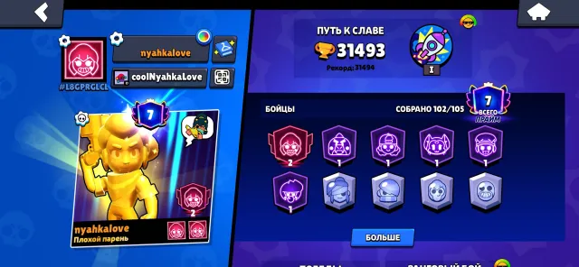 good donor account where you can easily push trophies as it has everything needed for leveling up, 31493 trophies, 102 brawlers, 7 primes