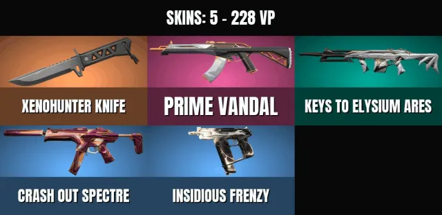 5 skins 🎮 1 KNIFE🔥Knife "Hunter of Predators"🔥Vandal "Prime"🔥Ares "Keys to Elysium"🔥Frenzy, Sale, Calibration not opened, Agents: 2, Skins: 5