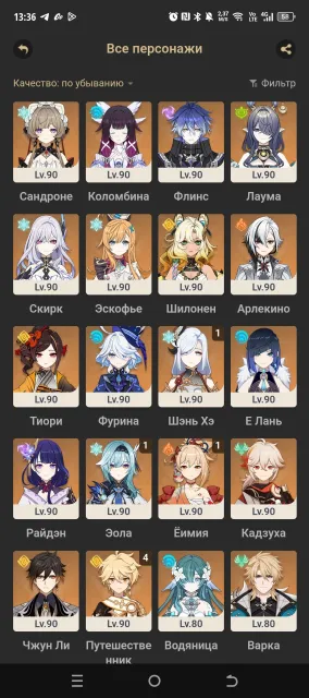 54 legendaries. Personal account. Hydro, Columbina, Sandrone, Raiden, Lauma, Flins, Varka, Any platform, Email linked, Iter, Levelled up, AR 60