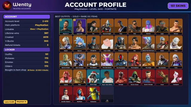 🔥 【FORTNITE】 💚 Lara Croft, Neymar Jr, Darth Vader 💚 151 skins | 2410 lvl. | 300 V-Bucks, Sale, skins 151