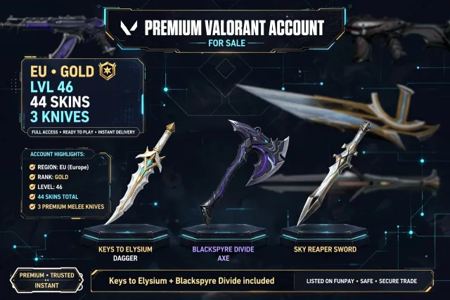 EU GOLD LVL 46 - 34k VP spent - 44 Skins / 3 Knives | Keys to Elysium + Blackspyre Divide | 4 Vandal, Продажа, Золото 1, Агентов: 9, Скинов: 44