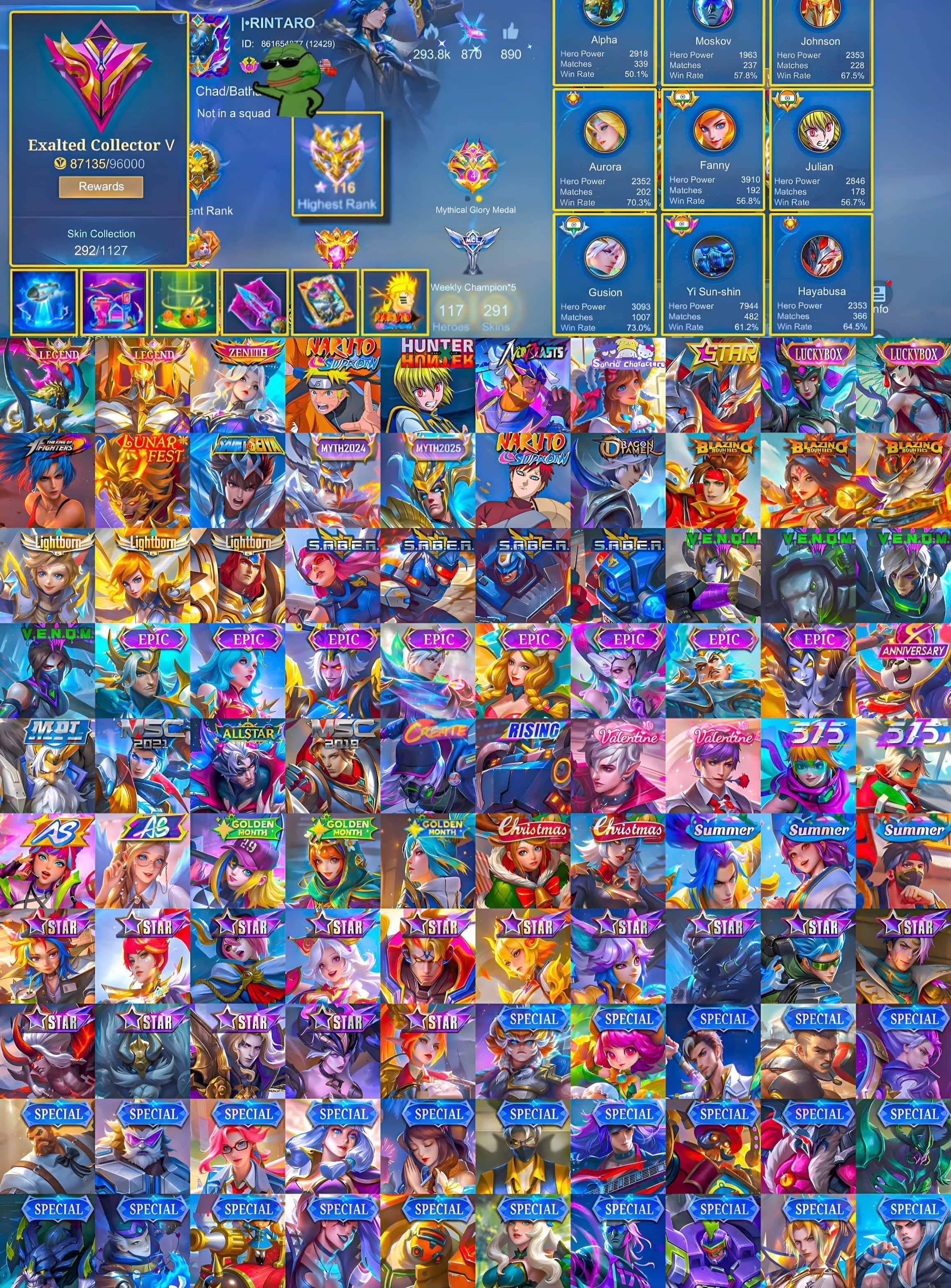 👑 Johnson Legend 👑 Alpha Legend 🕷️ Julian Kurapika ⚡ Selena Zenith 🍥 Lukas Naruto 🦾 Brody Neobeast, Sale, Rank: Mythical Immortal, Level: 71, Winrate: 68%, Heroes: 117, Skins: 291