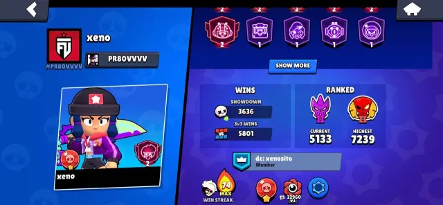 Old account, Calavera Piper, Heroine Bibi, Santa Mike, Soy Daryl 106/106 characters 40+ 11 power, 58341 trophies, 106 brawlers, 33 primes