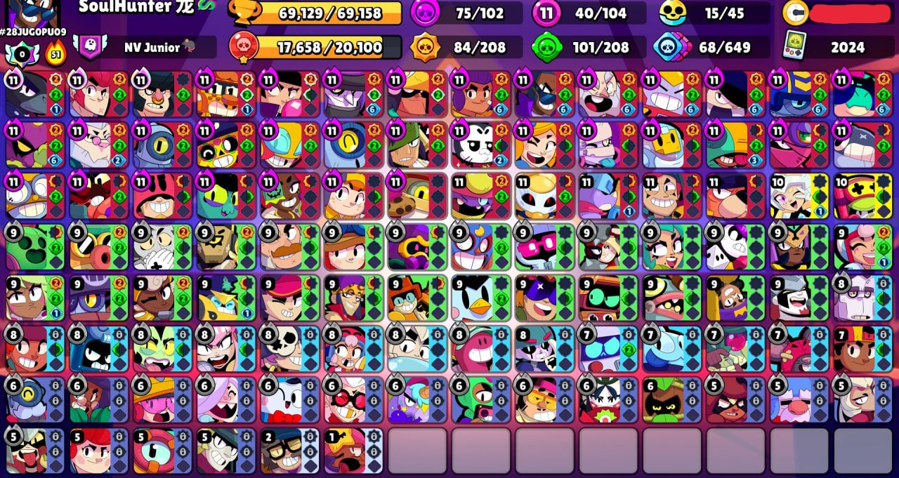 😍𝑃𝑢𝑚𝑝𝑖𝑛𝑔💎🏆𝟔𝟗𝟏𝟐𝟗 cups🏆🥊𝟏𝟎𝟒/𝟏𝟎𝟒 brawlers🥊🌈𝟑𝟒𝟏 skins ≈𝟑𝟕K gems🔥✅𝟒𝟎 x11 POWER✅, trophies 69129, brawlers 104, primes 41