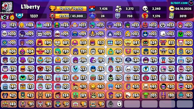 🏆70000🏆💟МАЛИФИСЕНТА💟🀄СТАР ПОКО+РОНИН ГАВС🀄💟385 СКИНОВ + 88 x 11 СИЛ💟🏅ПОЧТИ ВСЕ ОТ 9+ СИЛЫ🏅, 70000 кубков, 105 бравлеров, 24 праймов