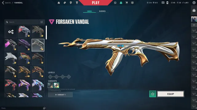 142 skins, peak rank asc2, currently in placement matches; includes many Vandal and Phantom skins, Sale, Ranked unlocked, Agents: 28, Skins: 142