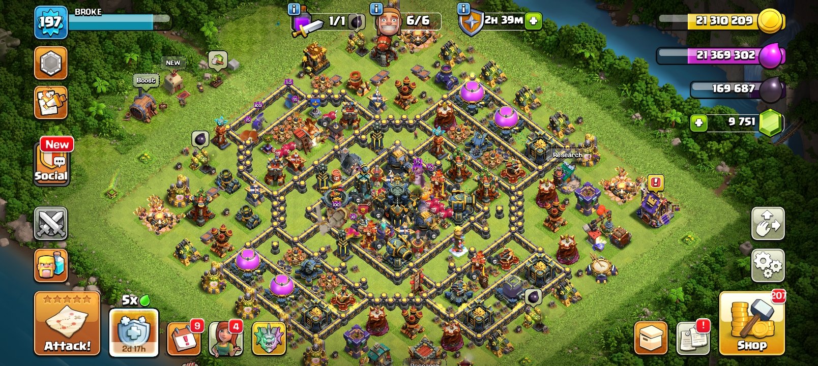 🟥⬛🛑Th 17 NEAR MAX🛑⚫XP 200🛑⚫Heroes Level-K100/Q100/MP70/W65/RC50/🛑⚫Gems 9785🛑⚫With Gmail🛑⚫Full Access, 17 TH Main Village, 10 TH Builder