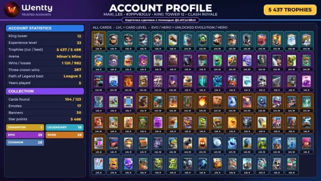 🔥 [CLASH ROYALE] 0 EVO — 1 CHAMP. | 17 EMOJIS | 5,437 🏆 | KING 12 #3I6PAJ, Arena 15, Level 33, 5,437 trophies, 104 cards, 18 legendaries, No