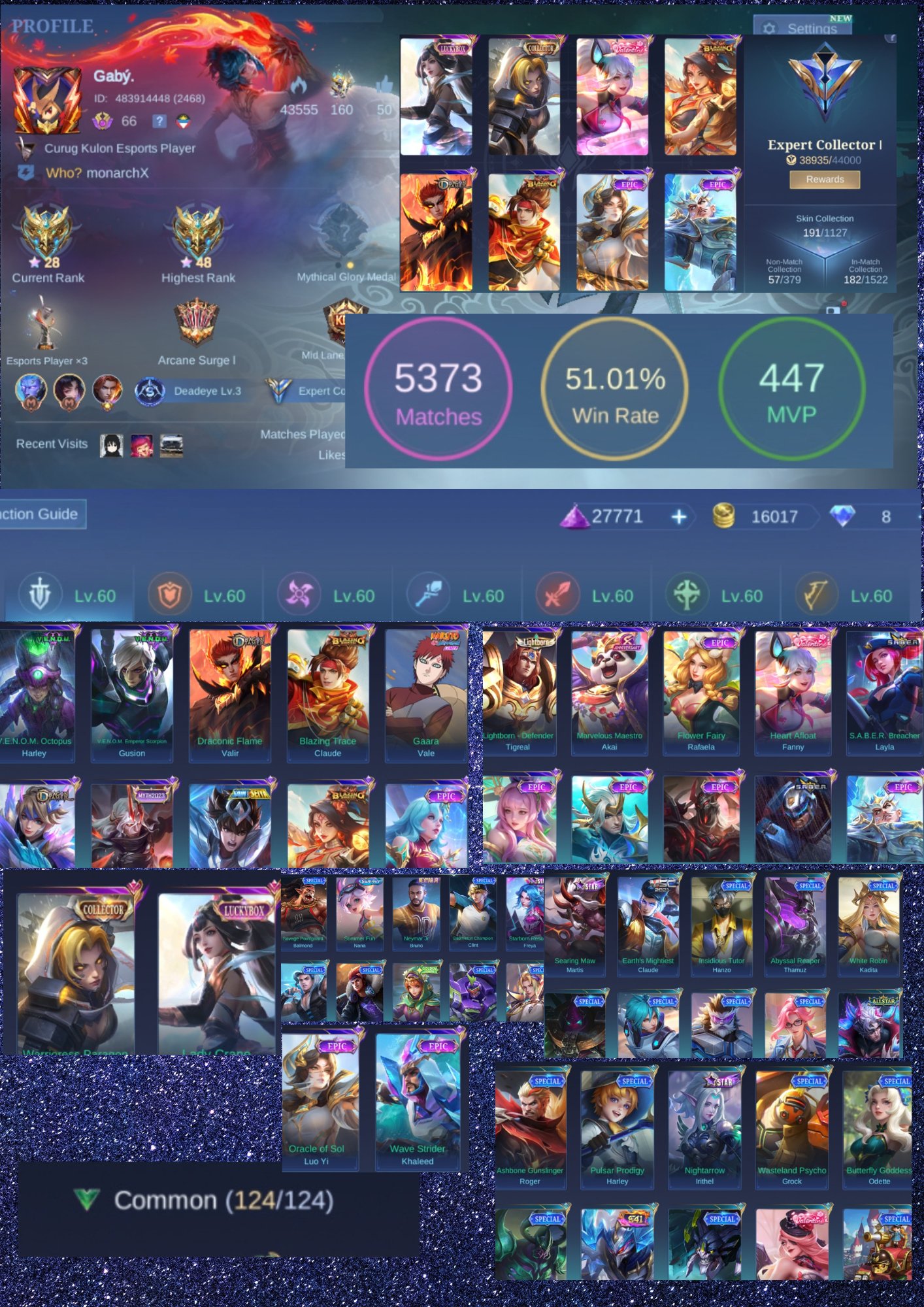 [SEA/GLOBAL] Mythic 28 | 191 Skins | Collector Natalia + Lunox Lucky Box | ALL Emblem Max Lv.60, Sale, Rank: Mythic, Level: 66, Winrate: 51%, Heroes: 129, Skins: 191
