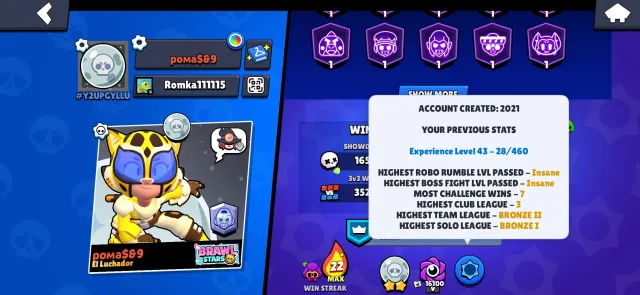 🏆44737🏆【🎴 104 FIGHTER(13 LEG+KAJE+SIRIUS) 🎴】【⚡28-11 POWER (16 HYPER)⚡】【😎 OLD ACC 2021😎】【👑TOP SKINS👑】, trophies 44737, brawlers 104, primes 10