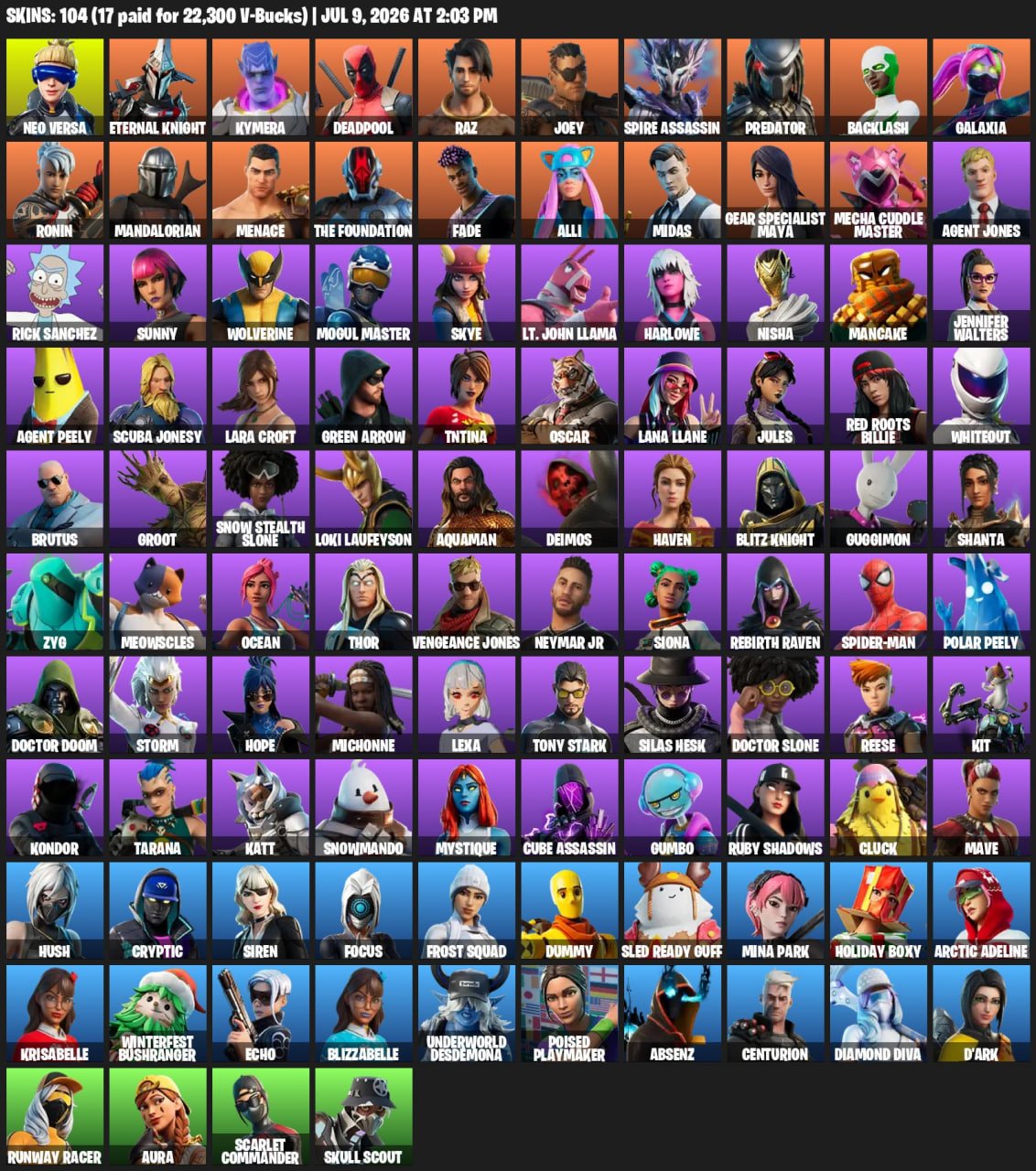 🍇⟨104 SKINS⟩🍇⟨Locker Worth 45,500 V-Bucks⟩🍇⟨Reaper⟩🍇⟨Neo Versa⟩🍇⟨FULL ACCOUNT ACCESS⟩, Sale, skins 104