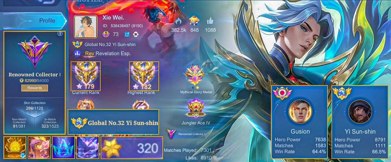 YSS GLOBAL TAG CURRENT LING COLLECTOR GUS 11:11 BRODY ABYSS GRANGER PRIME DYROTH KOF, Sale, Rank: Mythical Immortal, Level: 73, Winrate: 60%, Heroes: 133, Skins: 286