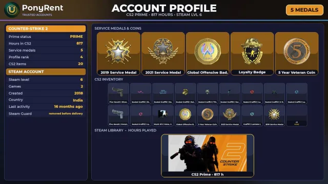 🦄 「CS2 PRIME」 +5 RARE MEDALS: SERVICE 2019 · SERVICE 2021 · GO ♡ 2018 ♡ FULL ACCESS 🌸 #4CRU0J, Sale, With inventory, Has PRIME
