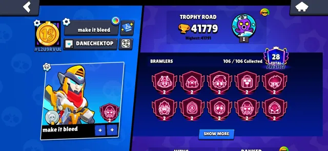 ⚡️41779 CUPS⚡️28 PRIMES, 28 CHARACTERS - 11 POWER⚡️, 40000 cups, 106 brawlers, 28 primes